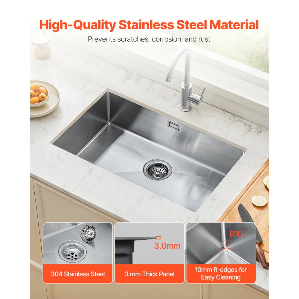 Stainless Steel 76cm Undermount Single Bowl Kitchen Sink Bar Basin