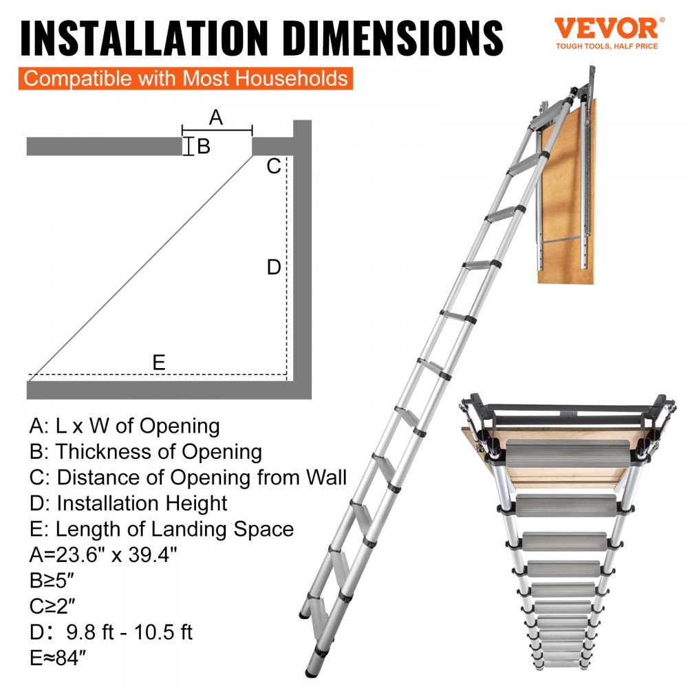 Telescoping Attic Ladder 350lb Capacity Portable Aluminum Fits 98 to 105 Ceiling